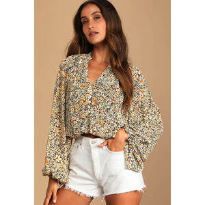 Lulus Season Of Blooms Cream Multi Floral Print Balloon Sleeve Top Beige